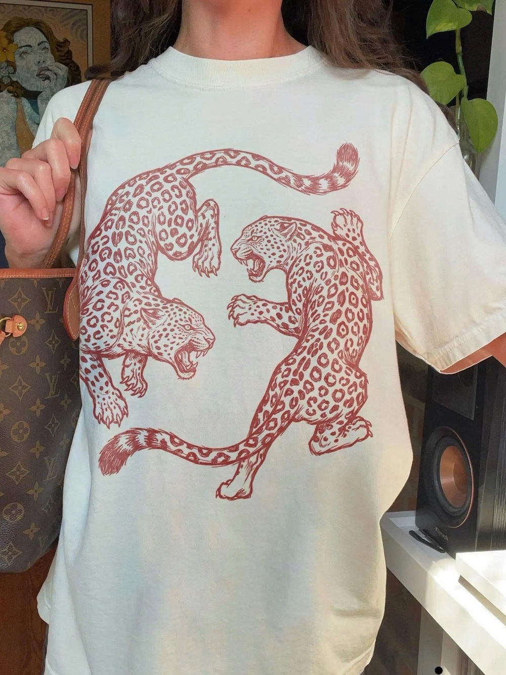 Twin Leopard Graphic Tee — Cream with Rust Print